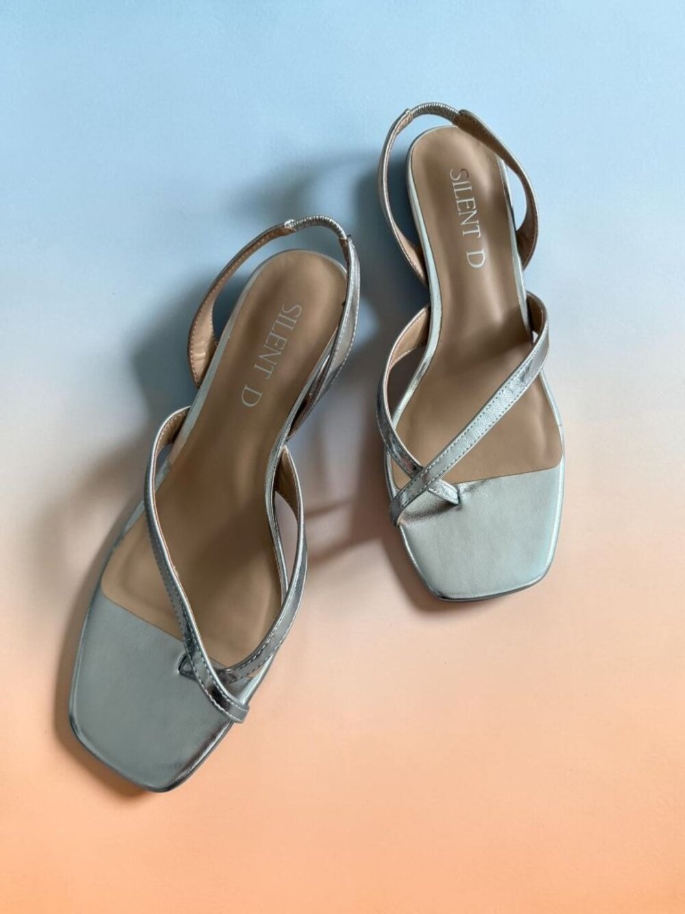 SILENT D Silver Slingback Sandals Heels Size 38 / US 8 NEW NWOB